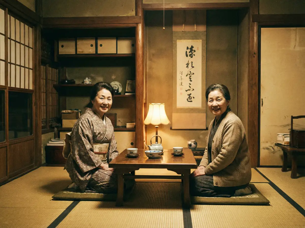 两位优雅的 【一线天】真实可靠一线天自媒体~一线天在线播放大全 在日式茶室中品茶交谈